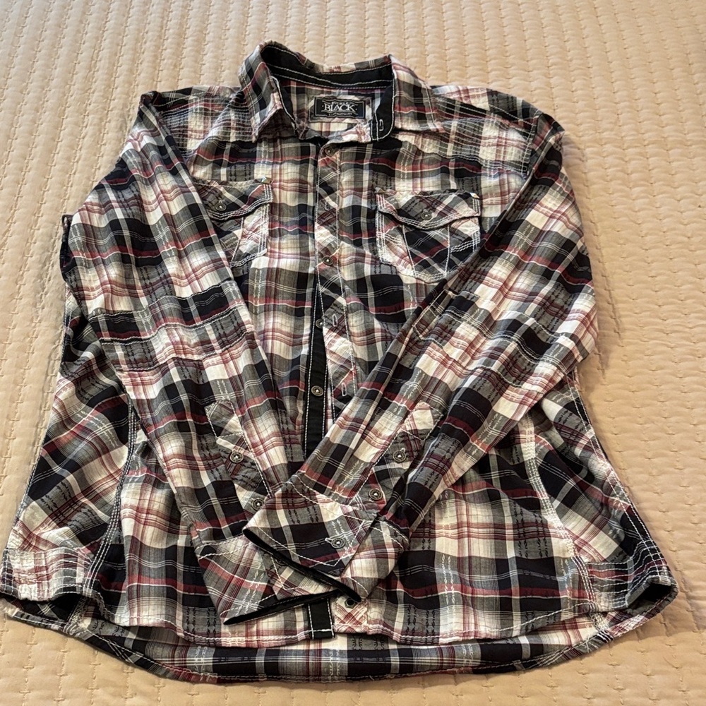 Buckle Black Plaid Shirt with Black Red and White Accents